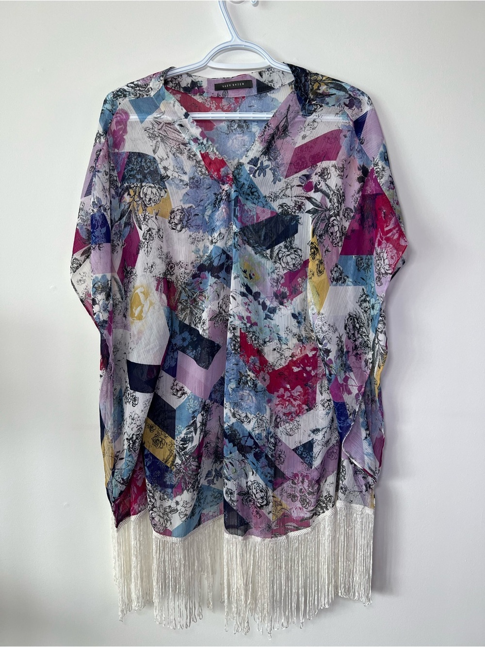 Suzy Shier Women’s Small Multicolor Semi-Sheer Fringe Bohemian Beach Coverup